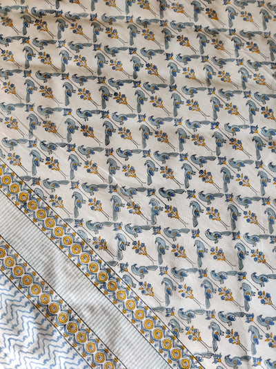 Grey Parrot Pure Cotton Hand Block Printed Double Bedsheet Thread Count 250