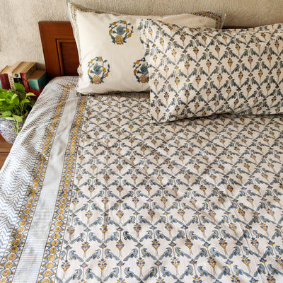 Grey Parrot Pure Cotton Hand Block Printed Double Bedsheet Thread Count 250