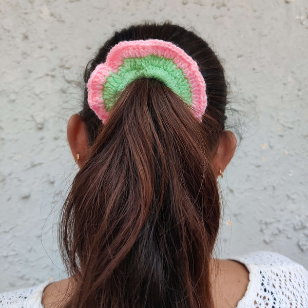 Handmade By Grandma Green Pink Woolen Scrunchy