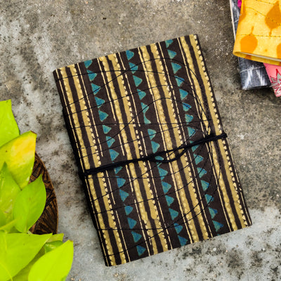 Handmade Upcycled AJrak Brown Mustard Intricate Stripes Bahi Diary A5
