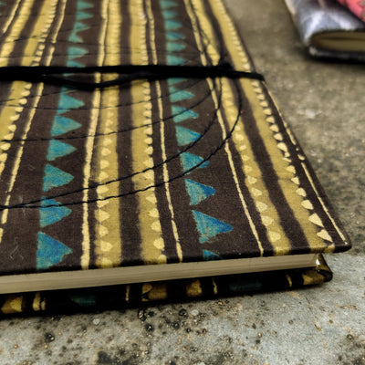 Handmade Upcycled AJrak Brown Mustard Intricate Stripes Bahi Diary A5