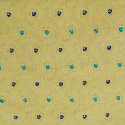 Heavy Banarasi Brocade Light Yellow With All Over Gold Jaal With Teal And Navy Motifs Weaves Woven Fabric