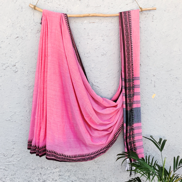 IDRAINI - Simple Pink Everyday Wear Saree Black Border