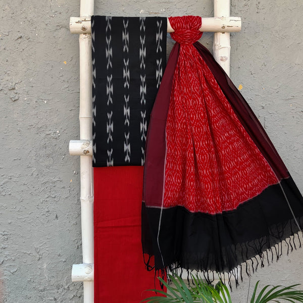 IKKAT BEAUTY - Pure Cotton Ikkat Top With Red Bottom And A Mercerised Ikkat Dupatta
