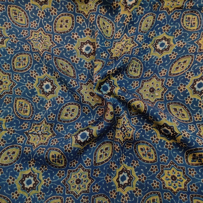 Modal Silk Persian Blue With Green Tile Hand Block Print Fabric