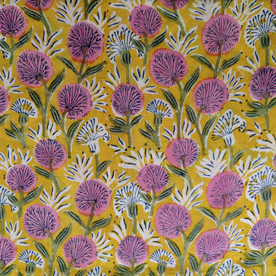 Pure Cotton Jaipuri Yellow With Pink Grass Flowers Hand Block Print Fabric
