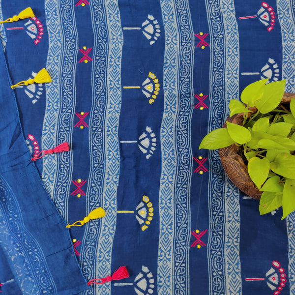 DHARA - Pure Cotton Akola Indigo With Beautiful Pink Yellow Thread Embroidery