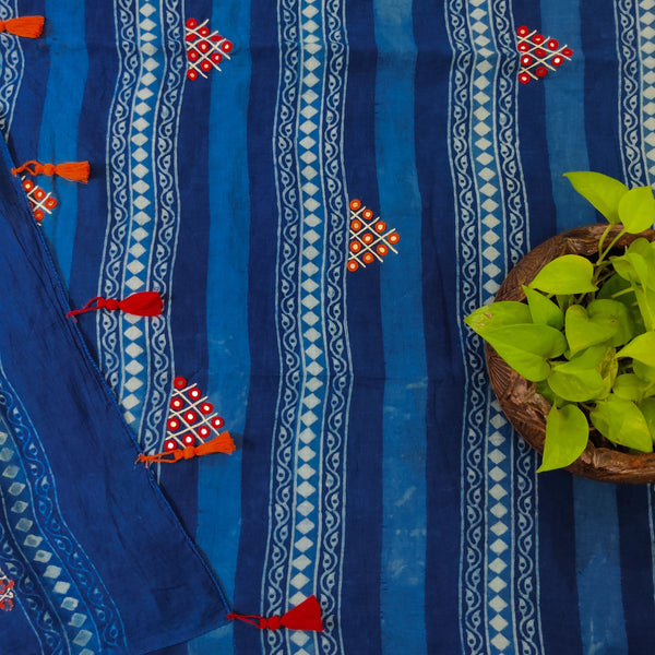 DHARA - Pure Cotton Akola Indigo With Beautiful Orange And Red Mirror Triangles