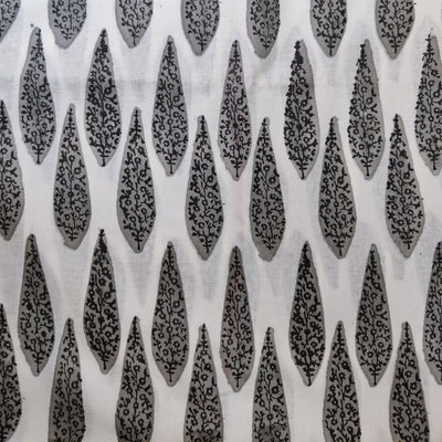 Precut 2.15 Meter Pure Cotton Jaipuri White With Grey Ashoka Hand Block Print Fabric