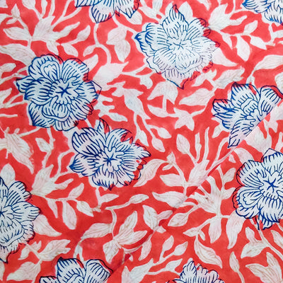 Pure Cotton Jaipuri Peach With Jaal And Blue Flower Hand Block Print Fabric
