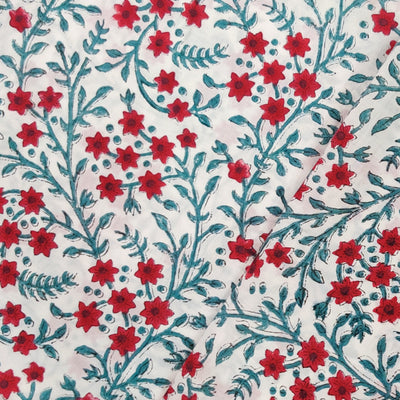 Pure cotton jaipuri white with red tiny flower Jaal Hand Block Print Fabric
