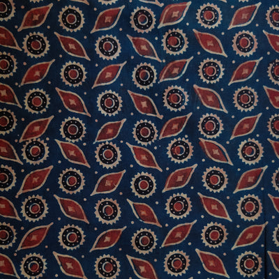 Pure Cotton Ajrak Blue With Chakra Leaves Motif Hand Block Print Fabric