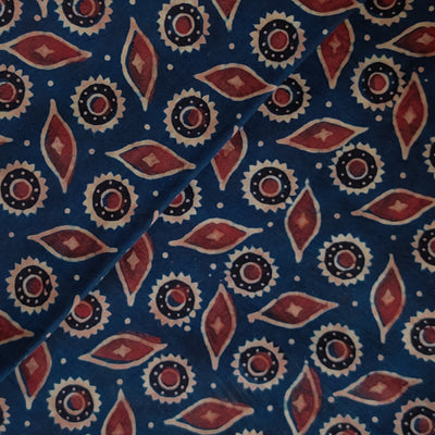 Pure Cotton Ajrak Blue With Chakra Leaves Motif Hand Block Print Fabric