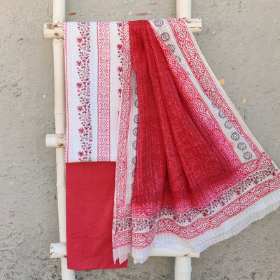 AARA - Pure Cotton White With Border Stripes Top Fabric With Plain Cotton Bottom And A Pure Cotton Dupatta