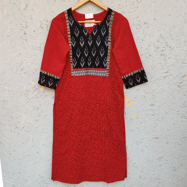 MAHIRA - Pure Cotton Red Discharge With Black Ikkat Detailing Everyday Wear Kurta Small