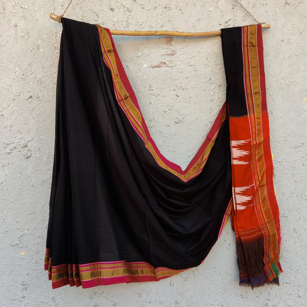Ilkal - Pure Cotton Traditional Ilkal Saree Black With Pink Red