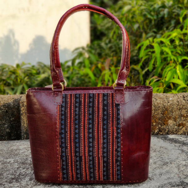 JODHPURI -Jodhpuri Leather Ajrak Black Tribal Tote Shoulder Bag With A Zip