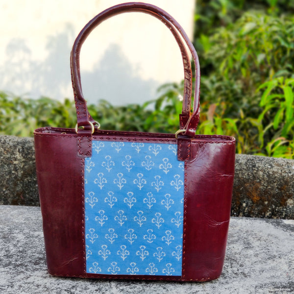 JODHPURI -Jodhpuri Leather Akola Light Blue Dabu Tote Shoulder Bag With A Zip