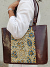 JODHPURI -Jodhpuri Leather Cream Ajrak Tote Shoulder Bag With A Zip