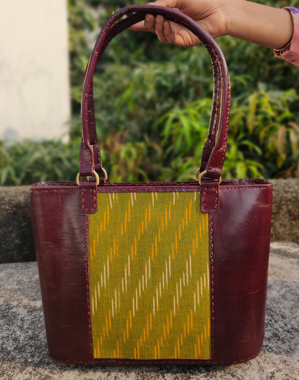 JODHPURI -Jodhpuri Leather Ikkat Green Tote Shoulder Bag With A Zip