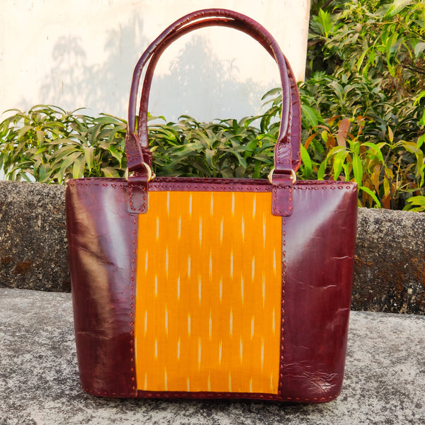 JODHPURI -Jodhpuri Leather Yellow Ikkat Tote Shoulder Bag With A Zip