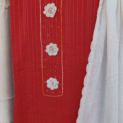 KAMAL - Pure Cotton Lurex Handloom Top With Crochet Kurta Patti With White Bottom And A Cotton Embroidered Dupatta