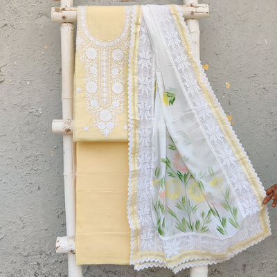 KAMANA - Kota Embroidered Pastel Yellow Top With Plain Cotton Bottom And A Hand Painted Chiffon Dupatta