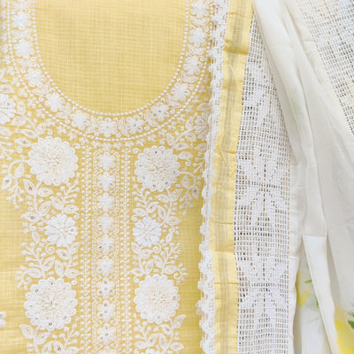 KAMANA - Kota Embroidered Pastel Yellow Top With Plain Cotton Bottom And A Hand Painted Chiffon Dupatta