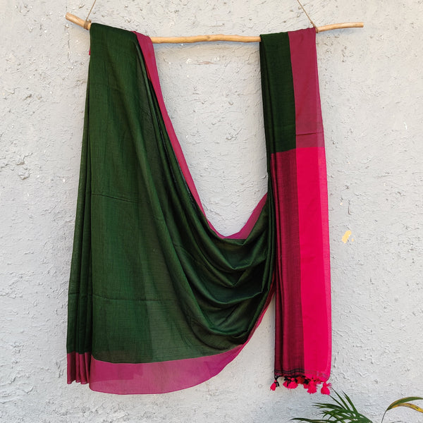 KANYA - Pure Mercerised Cotton Saree Emerald Green With Pink Pallu