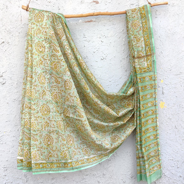 KASTURI - Chanderi Pastel Green Hand Block Printed Saree