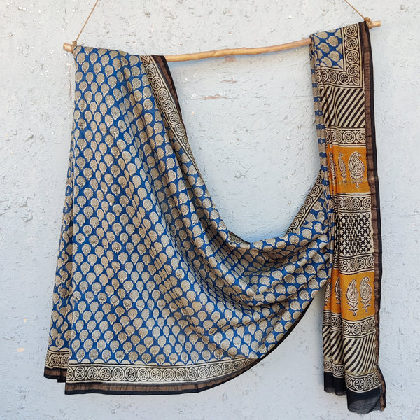 KASTURI - Pure Chanderi Bagru Blue Hand Block Printed Saree
