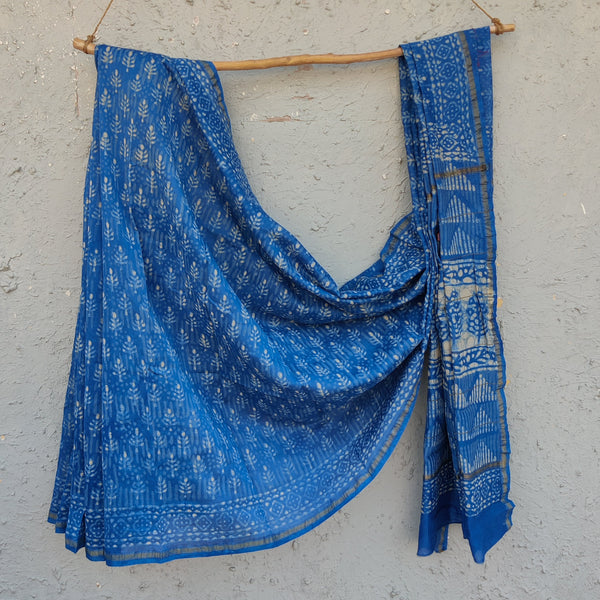 KASTURI - Pure Chanderi Blue Dabu Hand Block Printed Saree