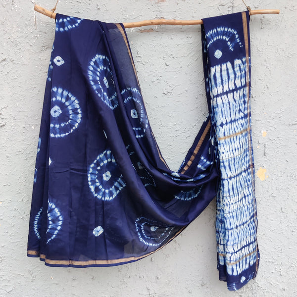 KASTURI - Pure Chanderi Indigo Tie And Dye Hand Block Printed Saree