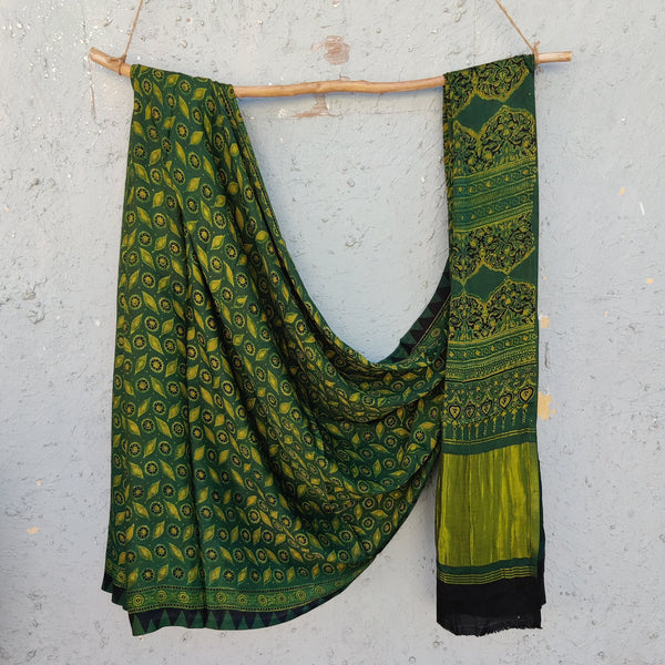 KHWABEEDA - Modal Silk Ajrak Hand Block Print Saree Gajji Green