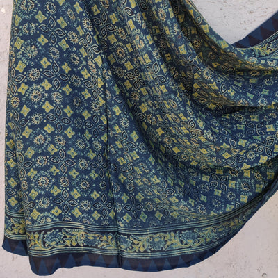 KHWABEEDA - Modal Silk Ajrak Hand Block Print Saree Gajji Palla Blue With Green