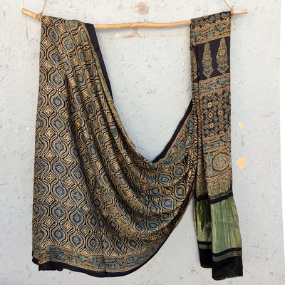 KHWABEEDA - Modal Silk Ajrak Hand Block Print Saree Gajji Palla Brown