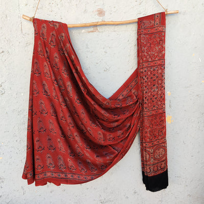 KHWABEEDA - Modal Silk Ajrak Hand Block Print Saree Madder