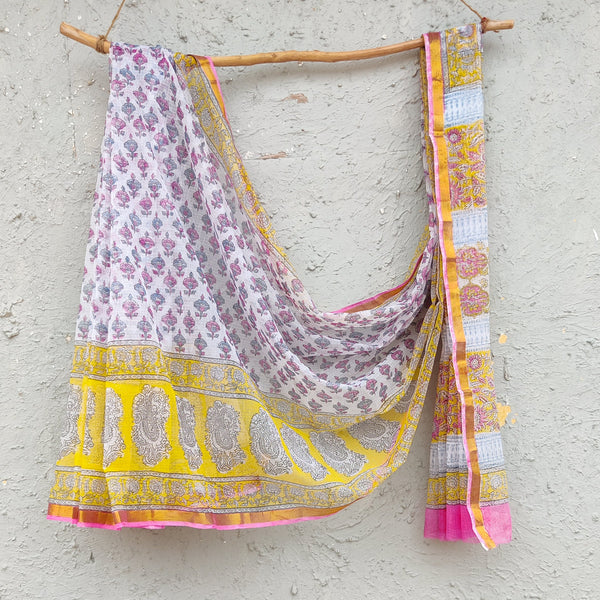 KOTA - Pure Cotton Jaipuri White With Yellow Mughal Border Hand Block Printed Saree