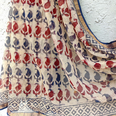 KOTA - Pure Cotton Maroon And Blue Kairi Hand Block Printed Saree