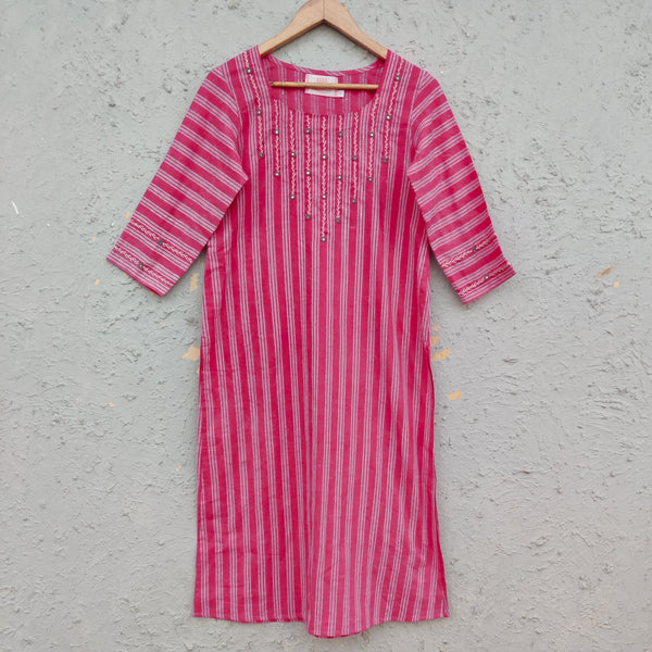 KUMU - Pure Cotton Dabu Pink Stripes With Hand Embroidered Yoke Everyday Wear Kurta