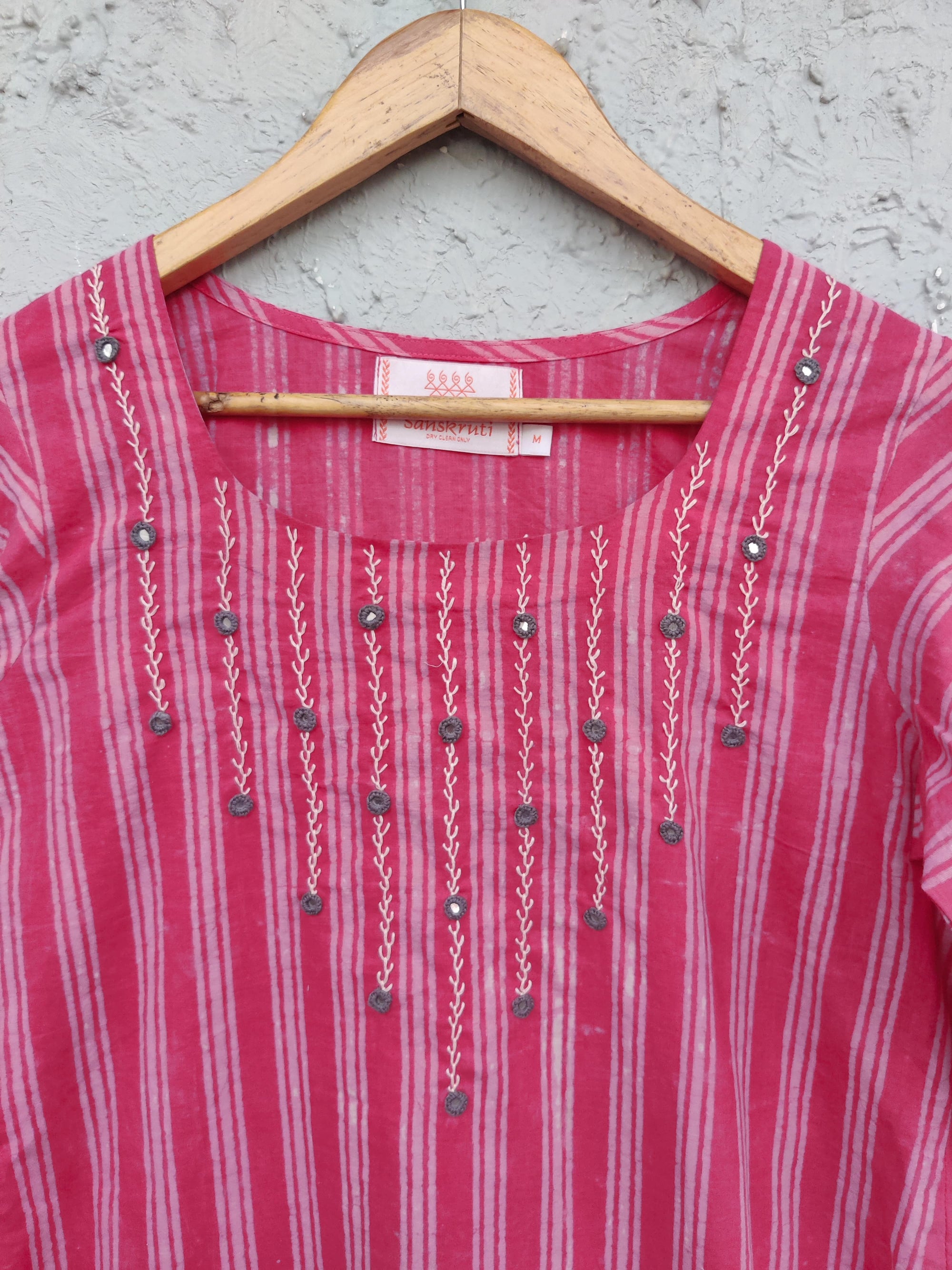 KUMU - Pure Cotton Dabu Pink Stripes With Hand Embroidered Yoke