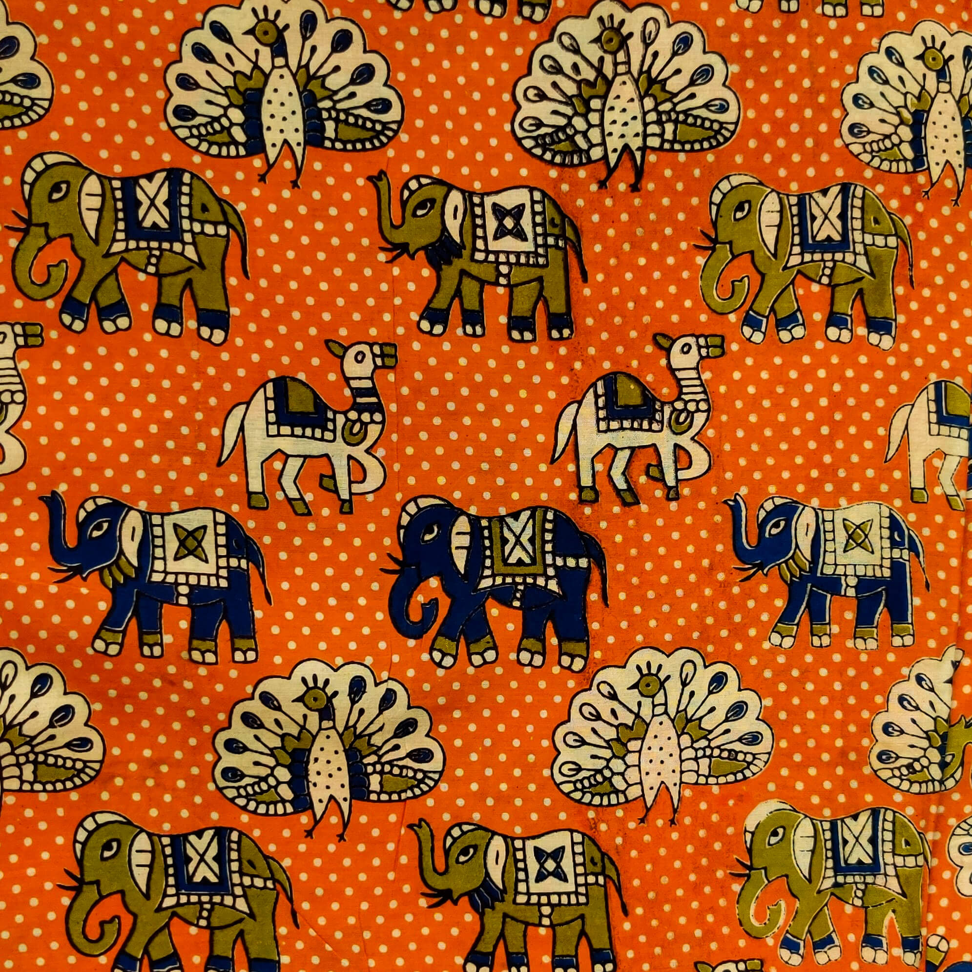 Kalamkari Silk Blue With Peacock Camel Elephant Print Blouse Fabric Meter), Kalamkari Elephant Design Kurti