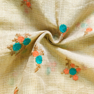 Kota Silk Light Gold With Blue And Peach Tiny Bunch Of Flowers Embroidered Fabric