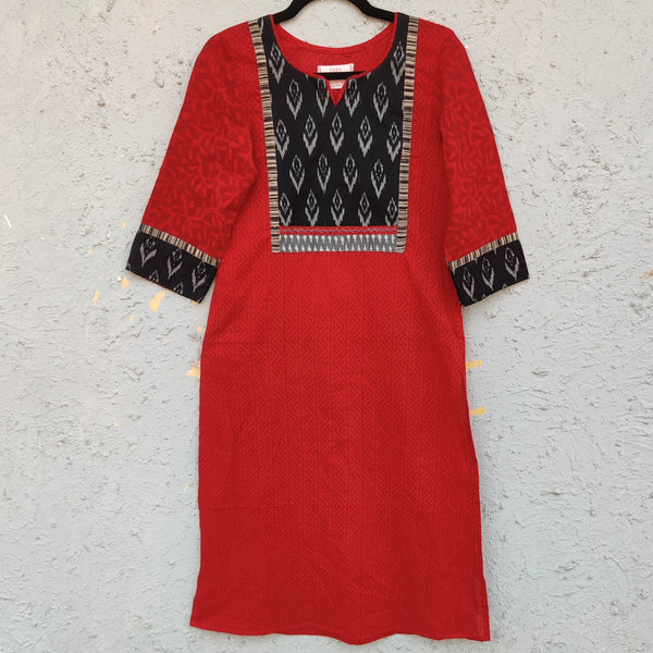 MAHIRA - Pure Cotton Red Discharge With Black Ikkat Detailing Everyday Wear Kurta