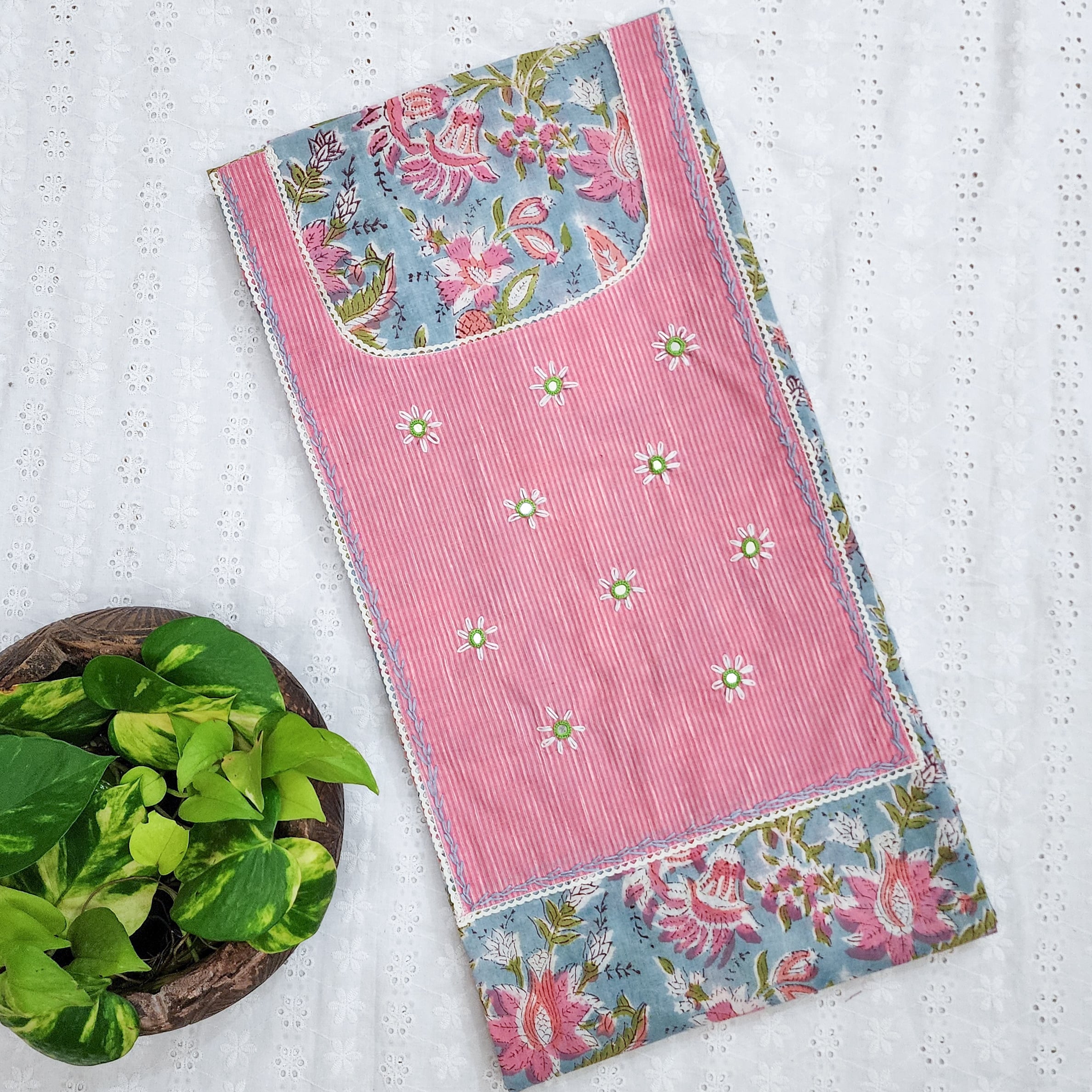 MEERA - Pure Cotton Blue Jaipuri Hand Block Printed Fabric With Mirror ...