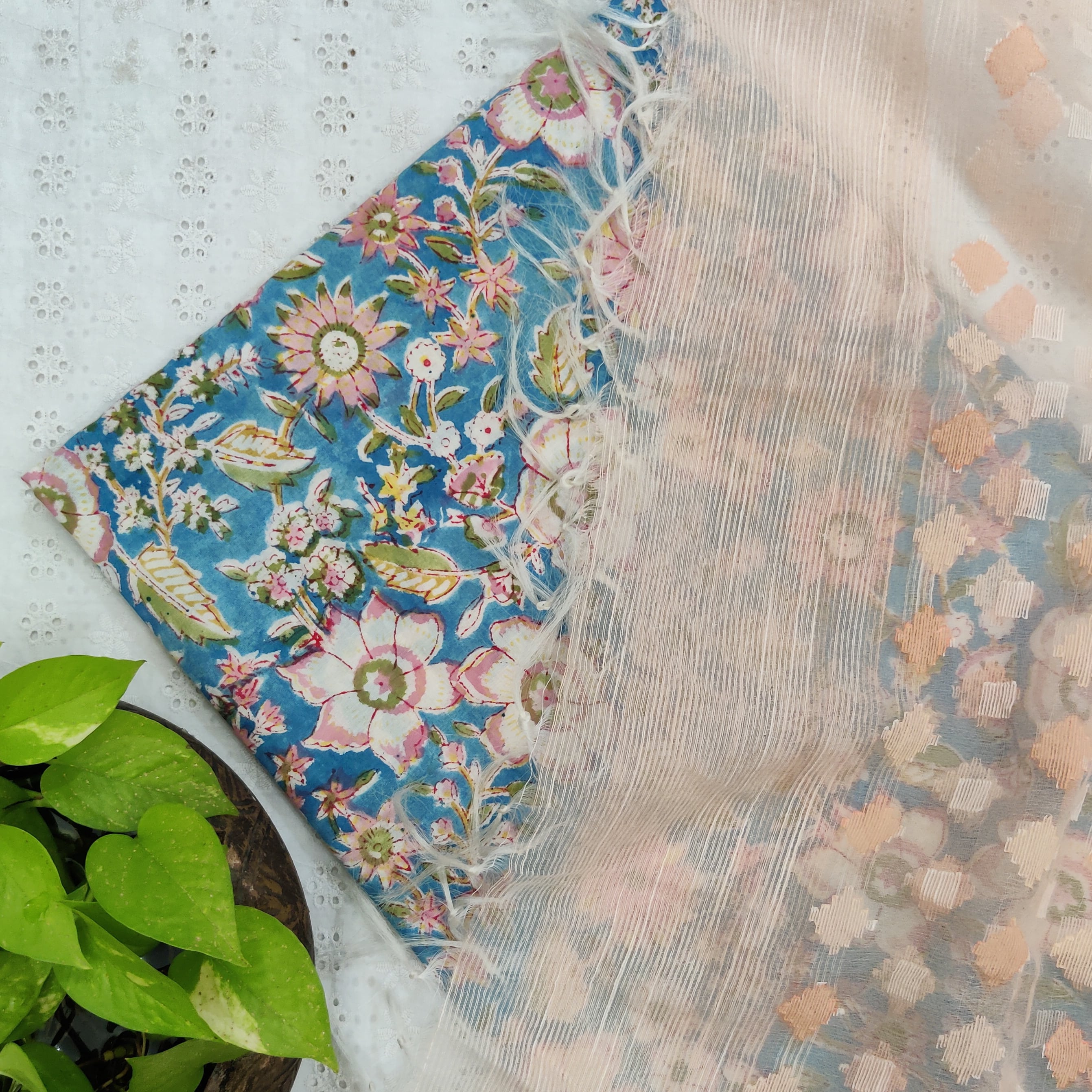 MEERA - Pure Cotton Jaipuri Top Fabric With Semi Organza Dupatta Peach ...