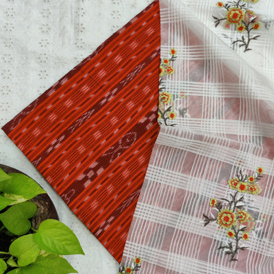 MEERA - Pure Cotton Sambhalpuri Orange Top Fabric With Embroidered Organza Dupatta Orange
