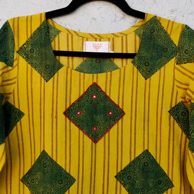( 2XL ) MEERAKI - Pure Cotton Simple Ajrak Hand Embroidered Kurta Yellow