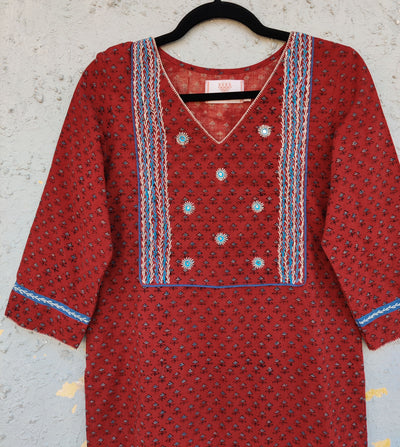 MERAKI - Pure Cotton Ajrak With Beautiful Embroidered Yoke Everyday Wear Kurta