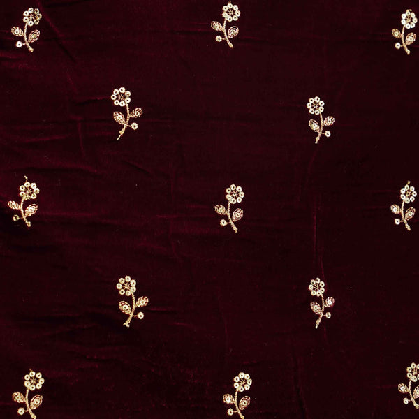 Blouse Piece (0.90 meter) Maroon Royal Velvet With Zari Flower Embroidered Motifs